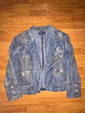 Baccini Shimmery Distressed Blue Denim Blazer Jacket